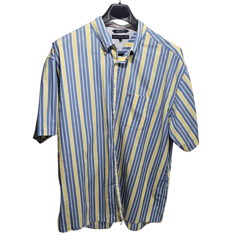 Tommy Hilfiger Mens 3XLT Striped Button Down Shirt Blue Yellow Vintage 2001